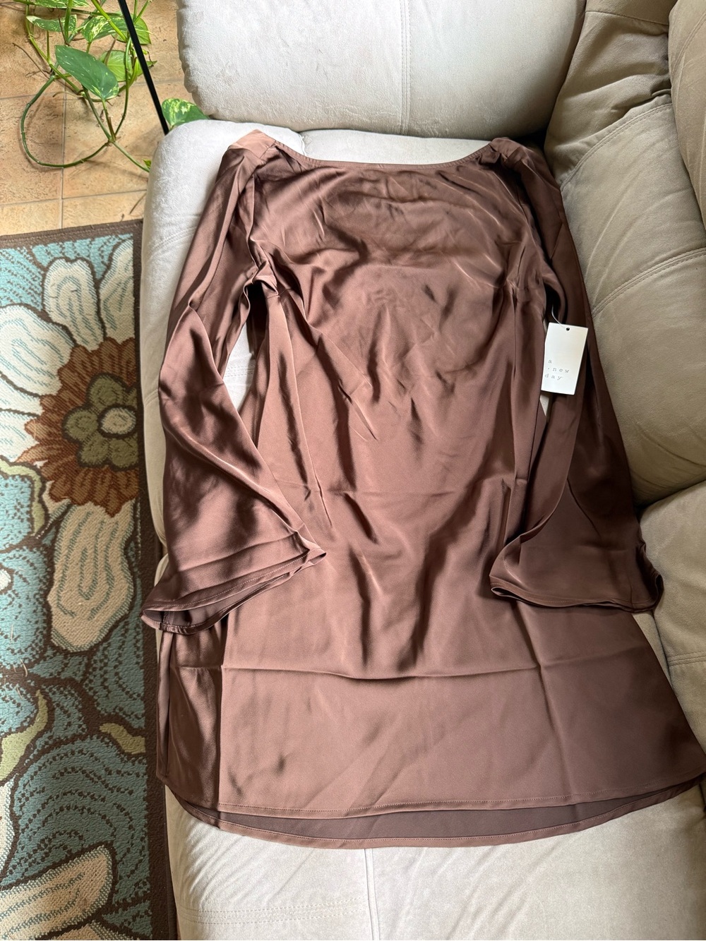 a new day Brown Satin Mini Dress with Bell Sleeves and Cutout Back NWT